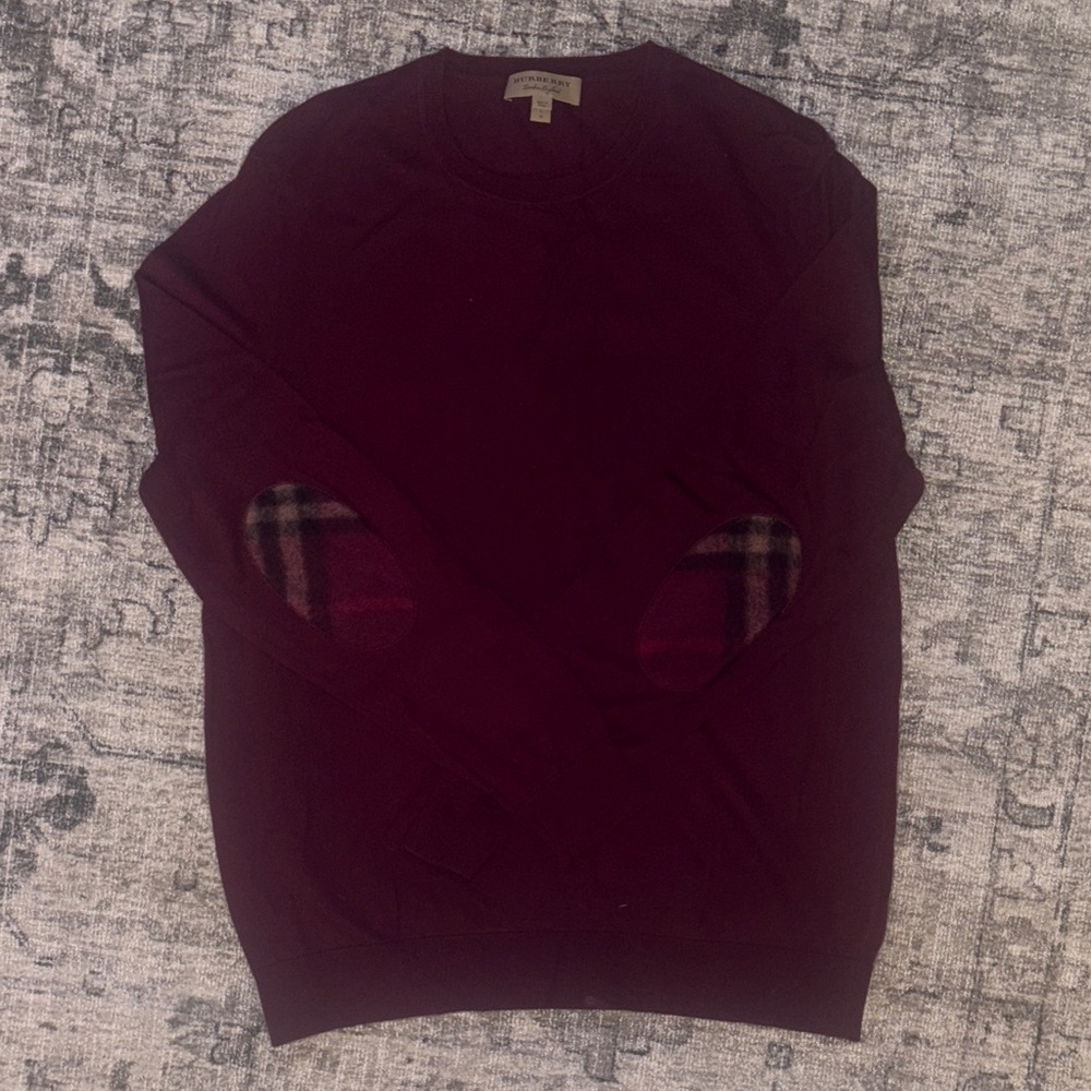 Burberry Men's Burgundy Crewneck Sweater with Plaid Elbow Patches